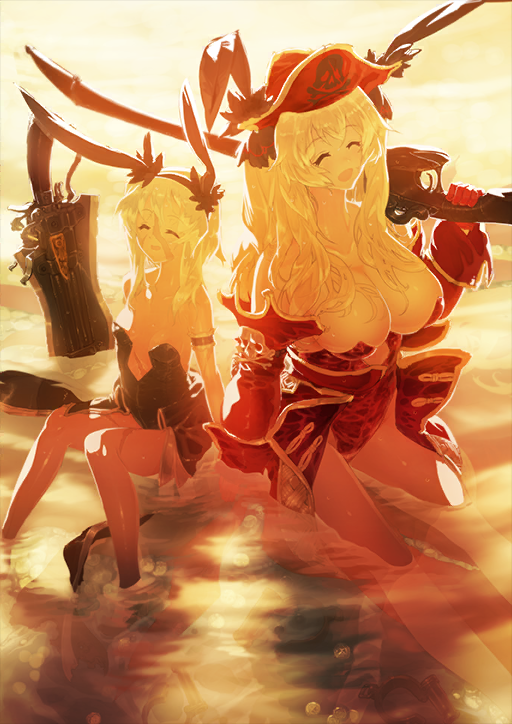 2girls :d anne_bonny_(fate) anne_bonny_(fate/grand_order) anne_bonny_(swimsuit_archer)_(fate) anne_bonny_(swimsuit_archer)_(third_ascension)_(fate) arm_at_side arm_strap arm_support arms_at_sides bare_legs bare_shoulders black_leotard black_skirt breasts cleavage closed_eyes coat detached_sleeves fate/grand_order fate_(series) from_above gloves gun hand_up hat height_difference holding holding_gun holding_weapon i-iv_(longman) knees_up large_breasts leotard long_hair mary_read_(fate) mary_read_(fate/grand_order) mary_read_(swimsuit_archer)_(fate) mary_read_(swimsuit_archer)_(third_ascension)_(fate) medium_hair multiple_girls multiple_scars official_art open_clothes open_coat open_mouth over_shoulder partially_submerged petite pirate_hat planted planted_sword planted_weapon plunging_neckline red_coat red_gloves red_hat red_leotard red_sleeves rifle scar scar_on_face scar_on_leg scar_on_stomach showgirl_skirt sidelocks sitting skirt skull_and_crossbones small_breasts smile strapless strapless_leotard sword third-party_source very_long_hair warm_colored weapon weapon_over_shoulder