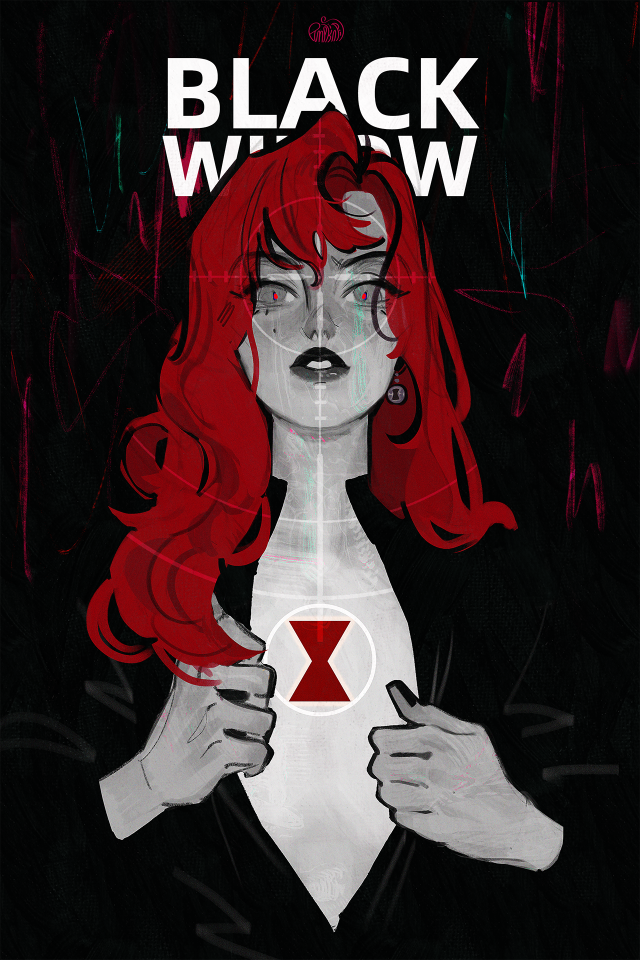 1girl artist_name avengers_(series) black_bodysuit black_widow bodysuit character_name chest_tattoo cyberpumpkinpie earrings fingernails hair_between_eyes hands_up jewelry lips long_hair looking_at_viewer marvel nail_polish natasha_romanoff open_bodysuit open_clothes partially_colored red_hair red_pupils simple_background solo superhero_costume target tattoo teeth upper_body wavy_hair