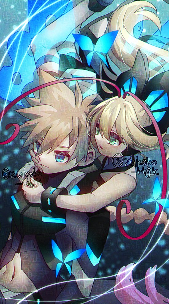1boy 1girl antennae azure_striker_gunvolt azure_striker_gunvolt_3 blonde_hair blue_background blue_coat blue_eyes braid braided_ponytail butterfly_hair_ornament butterfly_wings coat gunvolt hair_ornament insect_wings long_hair lumen_(gunvolt) short_hair watermark wings zukoko_rkgk