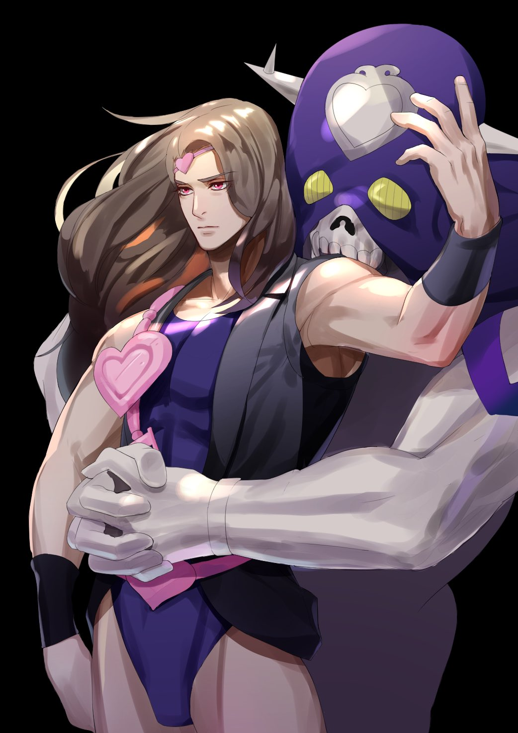 1boy black_background black_jacket brown_hair closed_mouth cream_(stand) highres jacket jojo_no_kimyou_na_bouken long_hair muscular muscular_male purple_eyes simple_background sky sleeveless solo stand_(jojo) stardust_crusaders vanilla_ice zouhyou_(at4190)