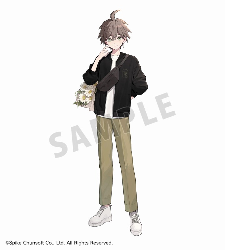 1boy ahoge akakura baby&#039;s-breath bag black_bag black_jacket blush brown_eyes brown_hair brown_pants casual copyright_name danganronpa:_trigger_happy_havoc danganronpa_(series) flower hand_up holding holding_flower jacket long_sleeves naegi_makoto official_art open_clothes open_jacket pants sample_watermark shirt shoes short_hair shoulder_bag smile spiked_hair watermark white_flower white_footwear white_shirt