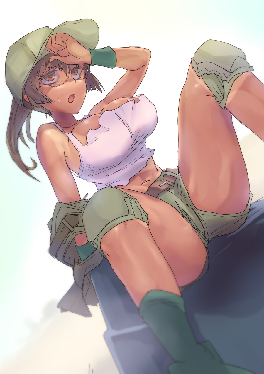 1girl arm_support bare_shoulders belt boots breasts brown_belt brown_eyes brown_hair commentary_request crop_top dutch_angle feet_out_of_frame fio_germi glasses green_boots green_hat green_shorts green_vest hand_up hat highres knee_pads large_breasts long_hair madsensei metal_slug midriff navel open_mouth ponytail short_shorts shorts sidelocks sitting solo spread_legs tan tank_top thighs unworn_vest vest white_tank_top