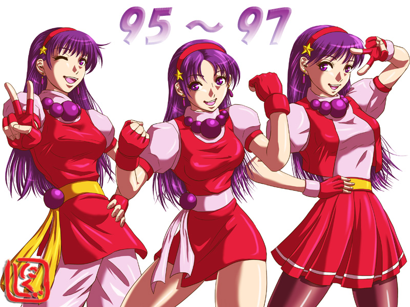 1girl ;) asamiya_athena bare_legs belt breasts clenched_hand clenched_hands dress earrings hair_ornament hairband hand_on_own_hip jewelry king_of_fighters_96 king_of_fighters_97 long_hair medium_breasts multiple_views narrow_waist necklace nikuji-kun one_eye_closed pants pantyhose purple_eyes purple_hair red_hairband sash short_dress skirt smile snk star_(symbol) star_hair_ornament taut_clothes the_king_of_fighters the_king_of_fighters_&#039;95 the_king_of_fighters_&#039;96 the_king_of_fighters_&#039;97 transformation v v_over_eye vest wink