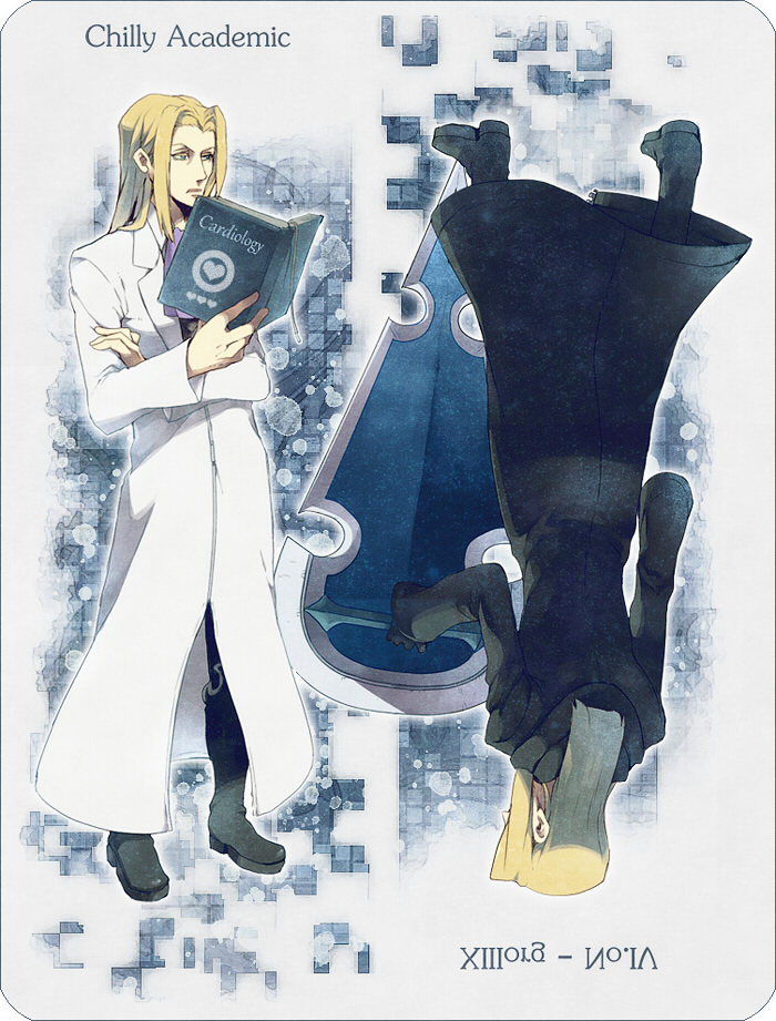 1boy ascot bad_id bad_pixiv_id black_boots black_border black_coat black_coat_(kingdom_hearts) black_pants blonde_hair blue_background book boots border coat crossed_arms dual_persona english_text even_(kingdom_hearts) grey_background hair_intakes holding holding_book holding_shield hood hood_down hooded_coat kingdom_hearts lab_coat long_coat long_hair male_focus multiple_views open_book outline pants parted_bangs parted_lips purple_ascot reading rotational_symmetry shield tore_(ksg666xxx) upside-down vexen white_outline