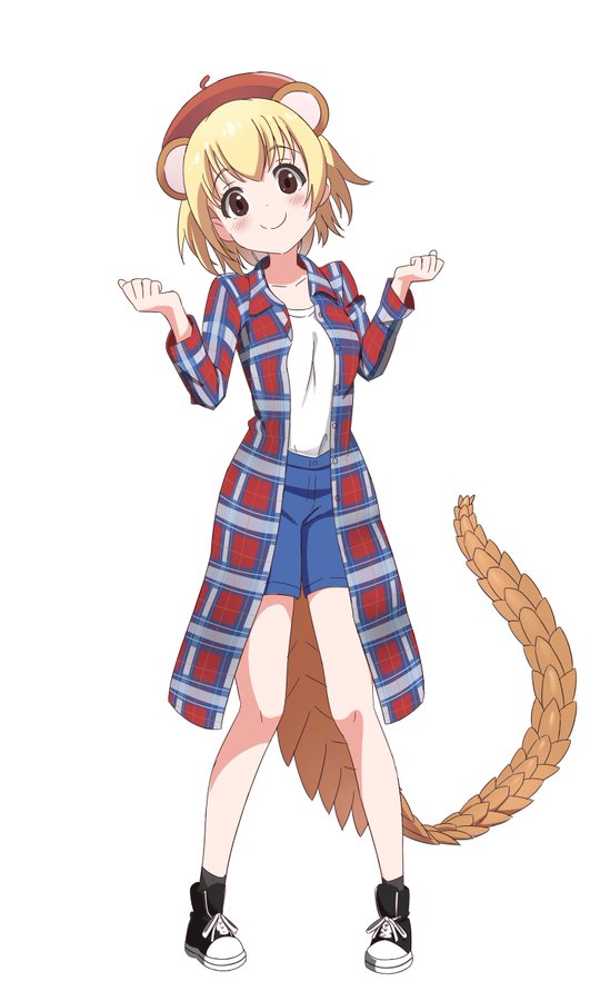 1girl alternate_costume beret black_boots blonde_hair blue_shorts boots brown_eyes clenched_hands female_focus full_body giant_pangolin_(kemono_friends) hands_up hat ilyfon133 kemono_friends long_sleeves looking_at_viewer pangolin_ears pangolin_tail shirt short_hair shorts simple_background smile socks solo standing white_background white_shirt