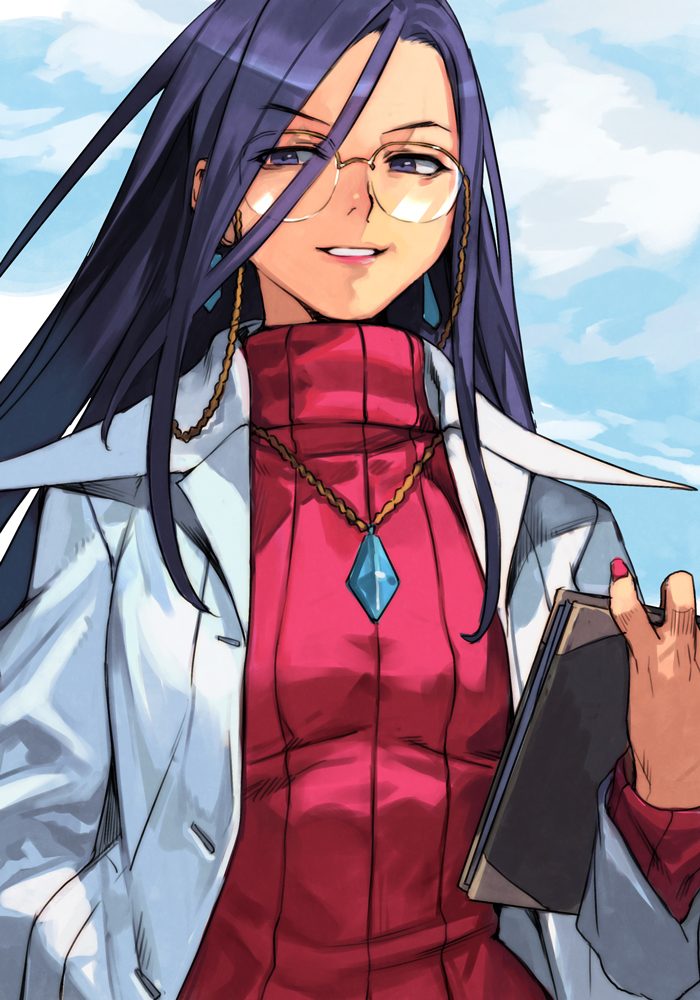 1girl cloud cloudy_sky coat earrings hand_in_pocket holding holding_notebook hungry_clicker jewelry justice_gakuen long_hair looking_at_viewer minazuki_kyouko nail_polish necklace notebook parted_lips purple_eyes purple_hair red_sweater sky solo sweater white_coat