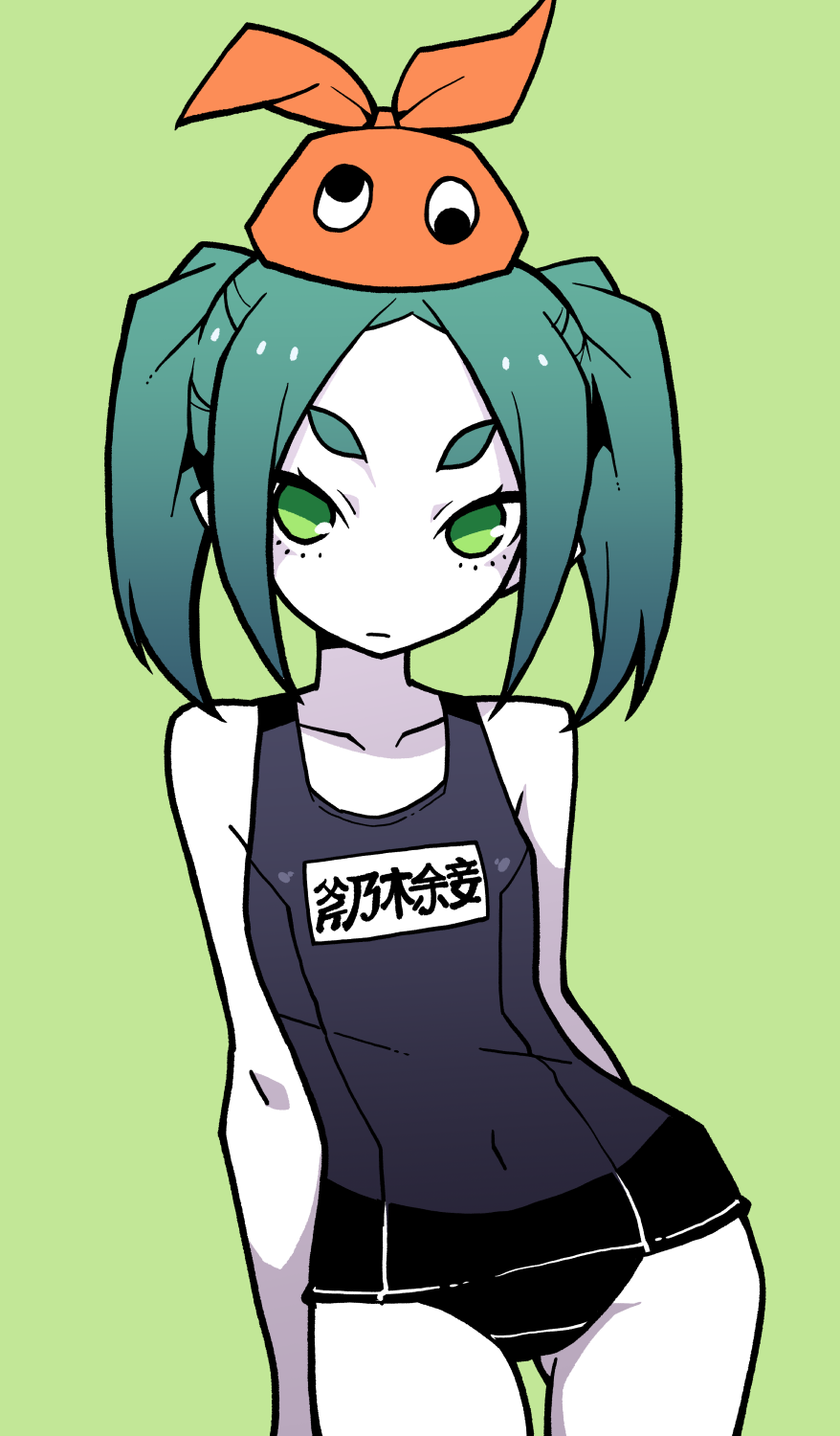 1girl :| akableak aqua_hair arm_behind_back arms_at_sides bare_shoulders black_one-piece_swimsuit breasts character_name closed_mouth collarbone colored_skin commentary contrapposto covered_navel cowboy_shot english_commentary expressionless gluteal_fold green_background green_eyes hat highres hikimayu long_hair looking_at_viewer monogatari_(series) name_tag old_school_swimsuit one-piece_swimsuit ononoki_yotsugi orange_hat parted_bangs school_swimsuit short_eyebrows sidelocks simple_background small_breasts solo swimsuit thick_eyebrows thigh_gap twintails white_skin