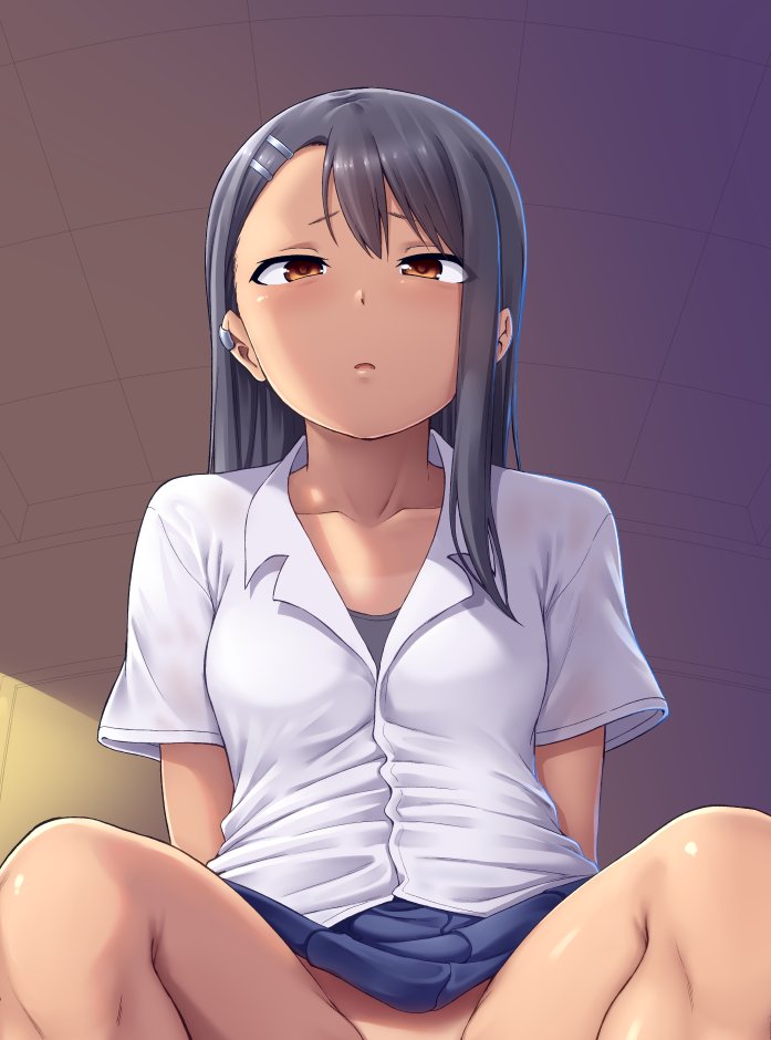 1girl arms_behind_back black_hair blue_skirt breasts brown_eyes classroom cross-eyed dark-skinned_female dark_skin earclip expressionless facing_viewer from_below geewhy hair_ornament hairclip ijiranaide_nagatoro-san long_hair looking_at_viewer m_legs nagatoro_hayase no_panties out-of-frame_censoring school_uniform sitting skirt small_breasts solo spread_legs