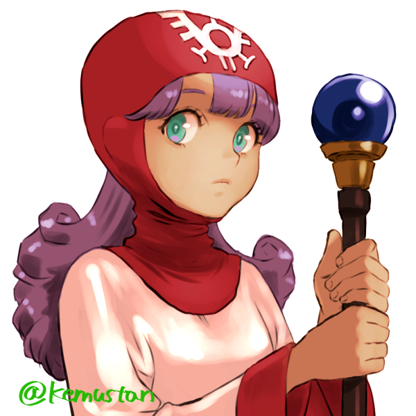 1980s_(style) 1girl aqua_eyes commentary_request curly_hair dragon_quest dragon_quest_ii expressionless holding holding_staff hood long_hair looking_at_viewer oldschool princess_of_moonbrook purple_hair robe simple_background solo sonomoto_shinzou_(natsume_kyouji) staff upper_body white_background