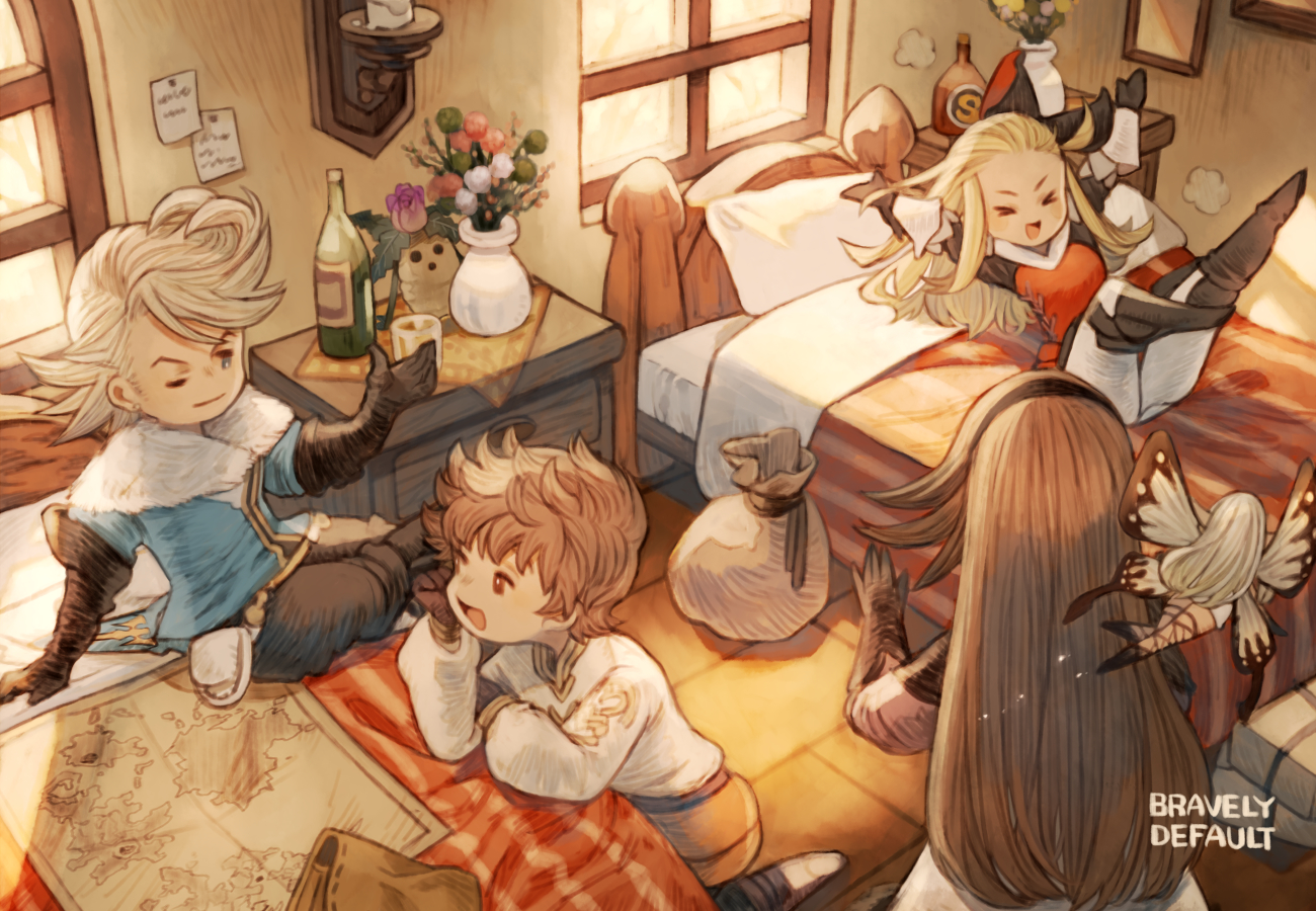 >_< 2boys 3girls agnes_oblige airy_(bravely_default) black_gloves blonde_hair blue_eyes blue_shirt boots bottle bow bravely_default:_flying_fairy bravely_default_(series) brown_hair butterfly_wings closed_eyes copyright_name cross-laced_clothes cross-laced_legwear edea_lee elbow_gloves fairy fairy_wings fur_trim gloves hair_bow hairband indoors insect_wings irono16 long_hair long_sleeves looking_at_another map mini_person minigirl multiple_boys multiple_girls on_bed open_mouth pillow pompadour ringabel shirt sitting smile stretching table tiz_arrior vase white_hair white_shirt window wings
