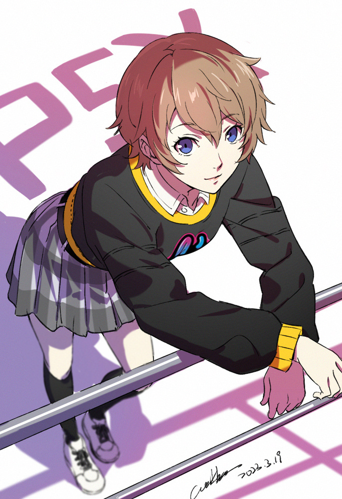 1girl against_railing arai_motoha black_socks black_sweater blue_eyes brown_hair collared_shirt copyright_name from_above grey_skirt kneehighs leaning_forward light_smile looking_at_viewer persona persona_5 persona_5:_the_phantom_x pleated_skirt railing shirt shoes short_hair skirt sneakers socks solo sweater tomboy werkbau white_shoes white_undershirt