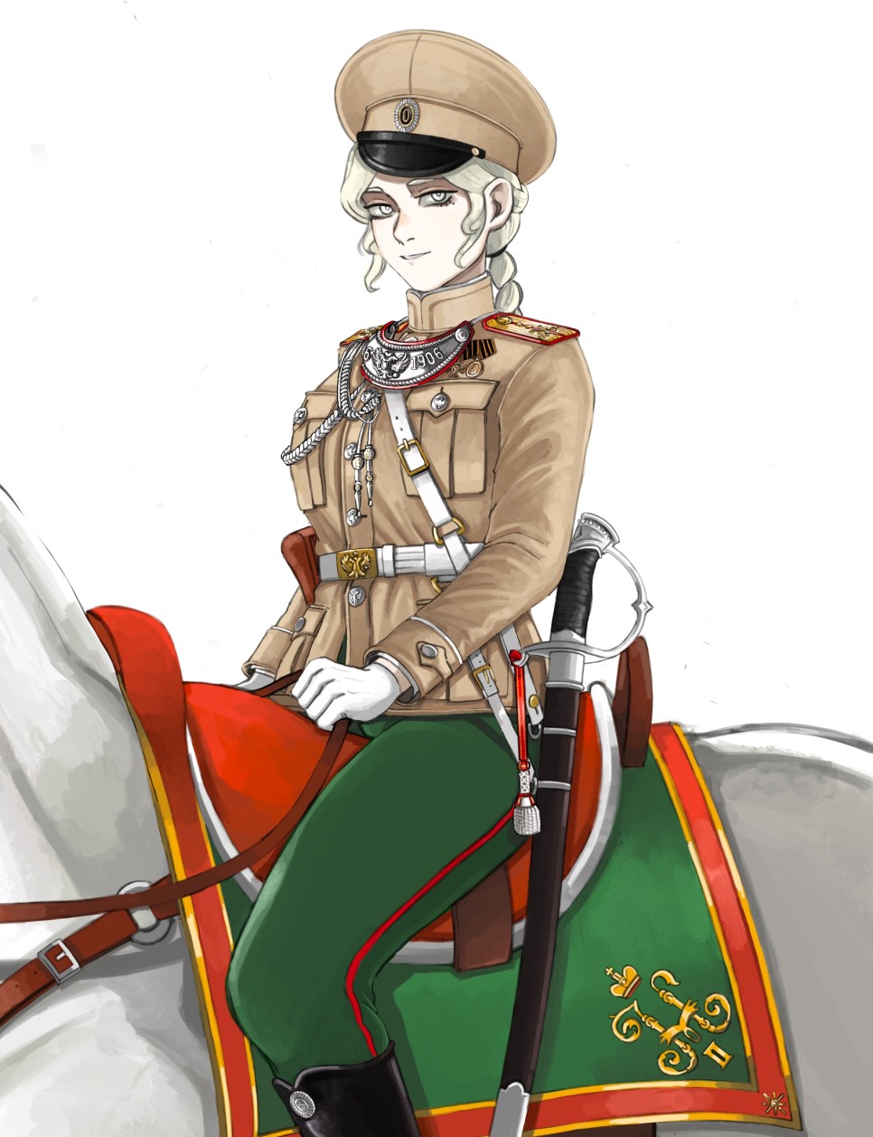 1girl army belt belt_buckle black_boots boots braid breast_pocket breasts brown_hat brown_jacket buckle cockade drill_hair drill_sidelocks epaulettes gloves green_pants grin hat high_collar highres holding holster horse horseback_riding imperial_russian_army jacket katyusha_(98269886) leather leather_belt leather_boots long_hair long_sleeves looking_at_viewer medium_breasts military military_hat military_uniform original pants parted_lips peaked_cap pink_lips pocket riding russian_empire russian_text saber_(weapon) sidelocks simple_background single_braid sitting smile solo striped_clothes striped_pants sword weapon white_background white_belt white_eyes white_gloves world_war_i
