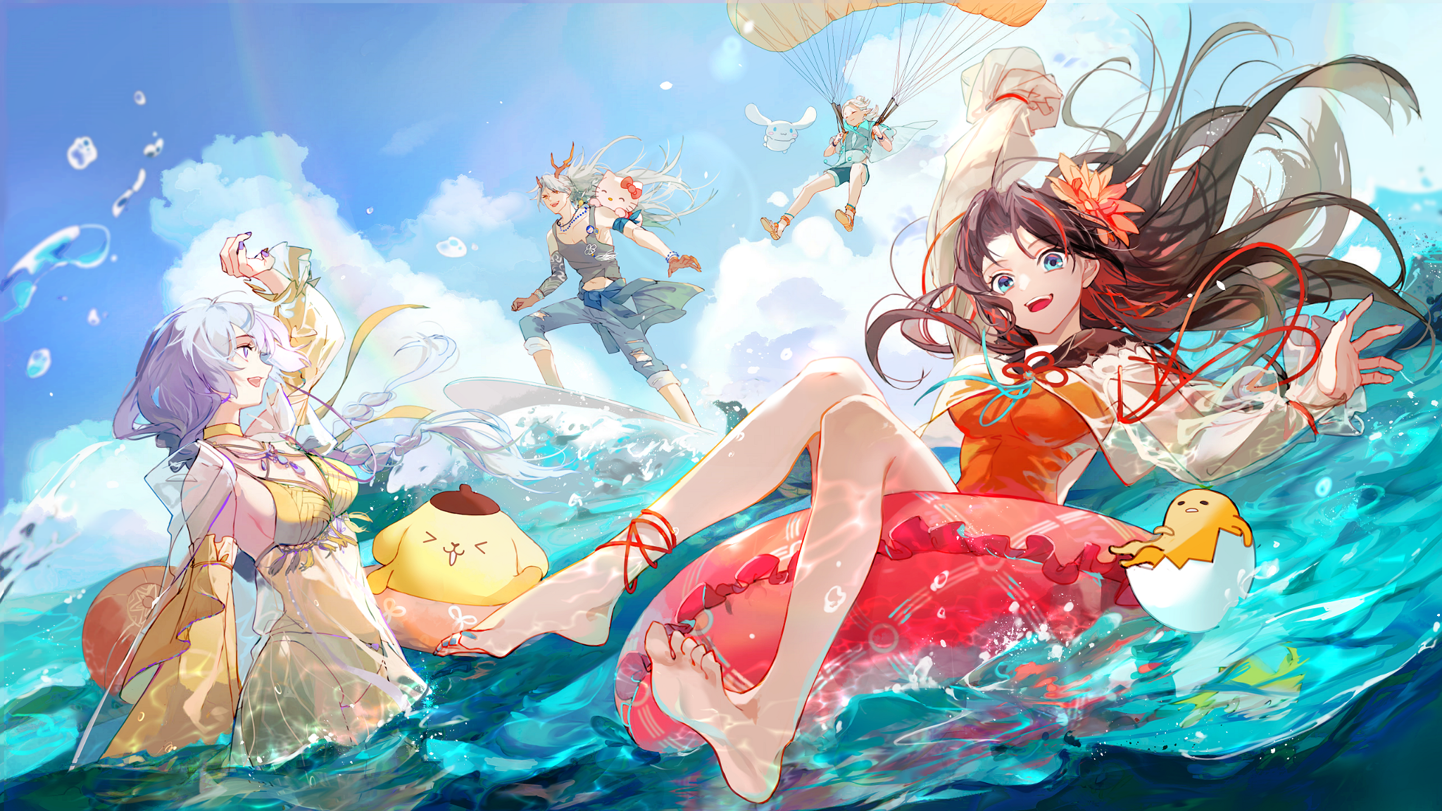 barefoot breasts cinnamoroll cleavage cloud day feet fuwa_fuwa_cinnamoroll gudetama hello_kitty hello_kitty_(character) highres multiple_girls parasailing pompompurin sanrio sky surfboard water
