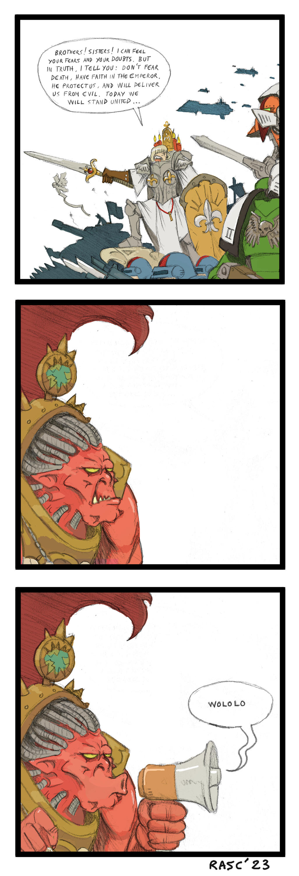 absurdres adepta_sororitas adeptus_arbites adeptus_astartes age_of_empires_(series) age_of_empires_i angron armor astra_militarum boobplate breastplate cable chaos_(warhammer) cherub colored_skin demon demon_wings english_text helmet highres holding holding_megaphone holding_sword holding_weapon imperium_of_man megaphone pointy_ears primarch rascarpate red_skin shoulder_armor space_marine spacecraft sword titan_(warhammer_40k) warhammer_40k weapon wings wololo world_eaters yellow_eyes