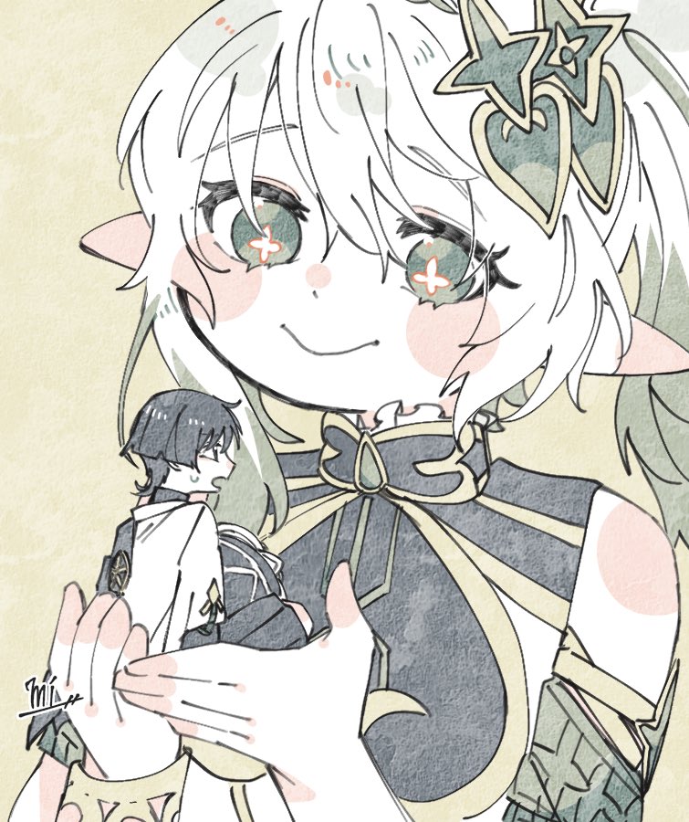 1boy 1girl armlet asymmetrical_sidelocks black_eyes black_hair black_hat black_rope black_shorts blunt_ends blush_stickers bracelet bright_pupils closed_mouth collar colored_tips cross-shaped_pupils detached_sleeves dress eyelashes frilled_collar frills genshin_impact gold green_eyes green_hair green_sleeves hakama hakama_shorts hat holding holding_mini_person japanese_clothes jewelry jingasa kimono looking_at_another mini_person miniboy multicolored_hair nahida_(genshin_impact) open_hands open_mouth pizakureya73 pleated_shorts pointy_ears rope scaramouche_(genshin_impact) sepia short_sleeves shorts signature smile sweatdrop symbol-shaped_pupils unworn_hat unworn_headwear wanderer_(genshin_impact) white_dress white_hair white_kimono white_pupils white_sleeves