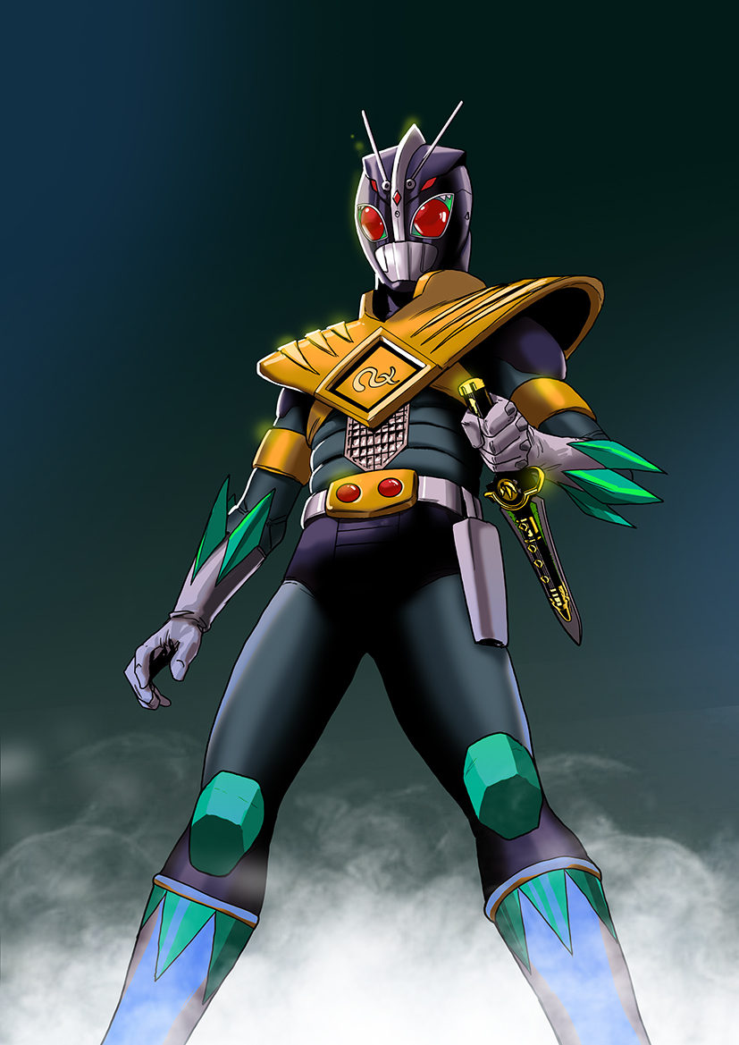 1boy armor belt belt_buckle black_armor black_background boots buckle commentary dragon_ranger english_commentary feet_out_of_frame fusion gloves gold_armor gradient_background green_armor green_background grey_gloves helmet holding holster kamen_rider kamen_rider_black_rx kamen_rider_black_rx_(series) kikomauriz kyouryuu_sentai_zyuranger male_focus masked_rider_(saban) mighty_morphin_green_ranger mighty_morphin_power_rangers power_rangers rider_belt saban&#039;s_masked_rider smoke standing super_sentai tokusatsu