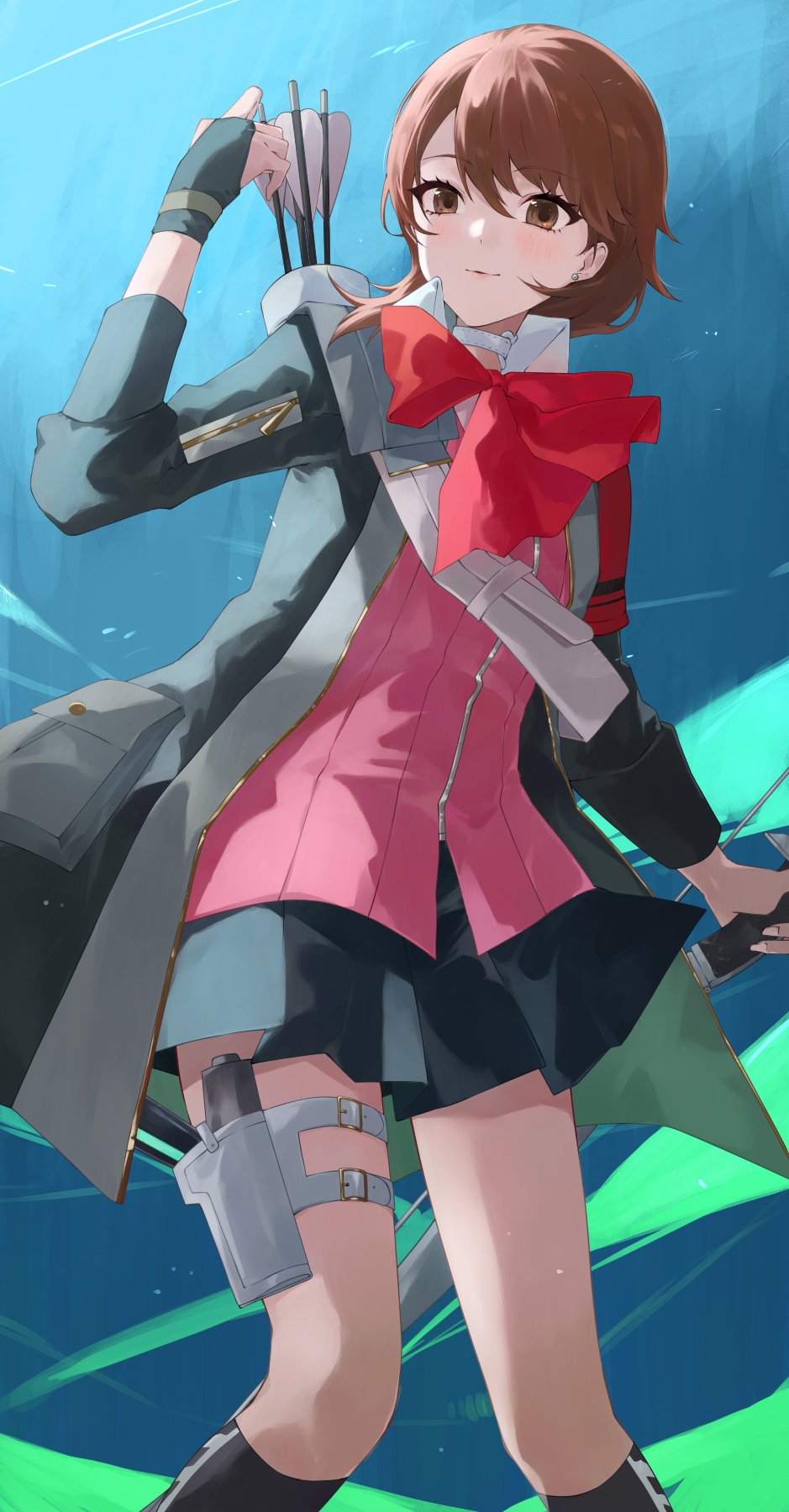 1girl archery_shooting_glove armband arrow_(projectile) black_gloves black_jacket black_skirt black_socks blush bow bow_(weapon) bowtie brown_eyes brown_hair cardigan choker closed_mouth collared_shirt commentary_request dress_shirt earrings evoker feet_out_of_frame flipped_hair gekkoukan_high_school_uniform gloves hair_between_eyes heart heart_choker highres holding holding_bow_(weapon) holding_weapon holster jacket jewelry kneehighs konchi_(63438789) looking_to_the_side miniskirt open_clothes open_jacket partially_fingerless_gloves persona persona_3 persona_3_reload pink_cardigan pleated_skirt quiver red_armband red_bow red_bowtie ribbed_cardigan school_uniform shirt short_hair single_glove skirt smile socks solo standing stud_earrings takeba_yukari thigh_holster weapon white_choker white_shirt