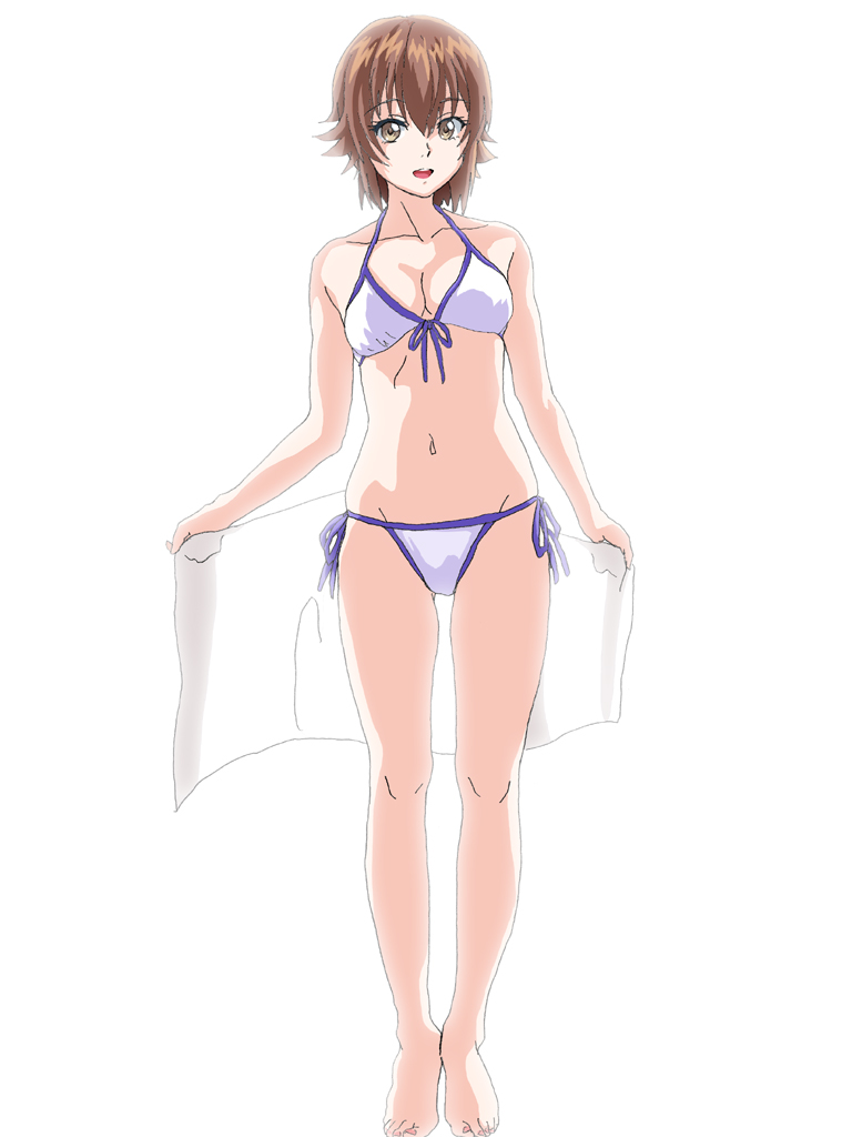 1girl barefoot bikini borrowed_design breasts brown_eyes brown_hair cleavage front-tie_bikini_top front-tie_top full_body grand_blue hair_between_eyes hal-py kotegawa_chisa looking_at_viewer medium_breasts short_hair side-tie_bikini_bottom simple_background solo swimsuit towel white_background white_bikini