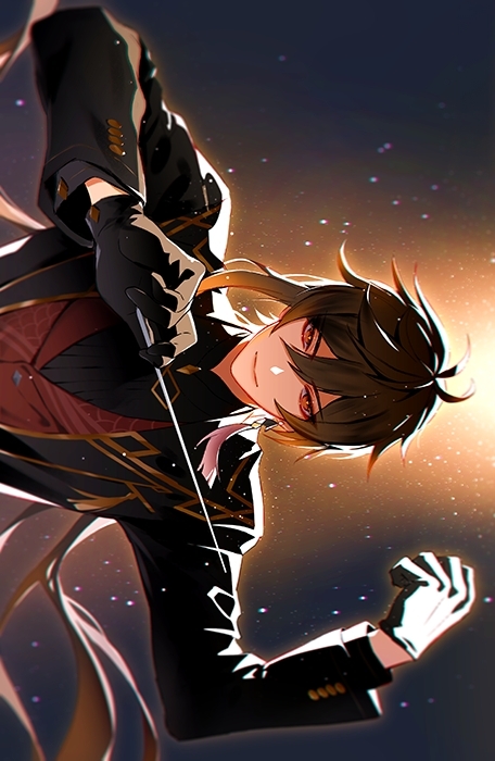 1boy genshin_impact hand_raised looking_at_viewer maestro male_focus np_(1231_0720) smile solo zhongli_(genshin_impact)
