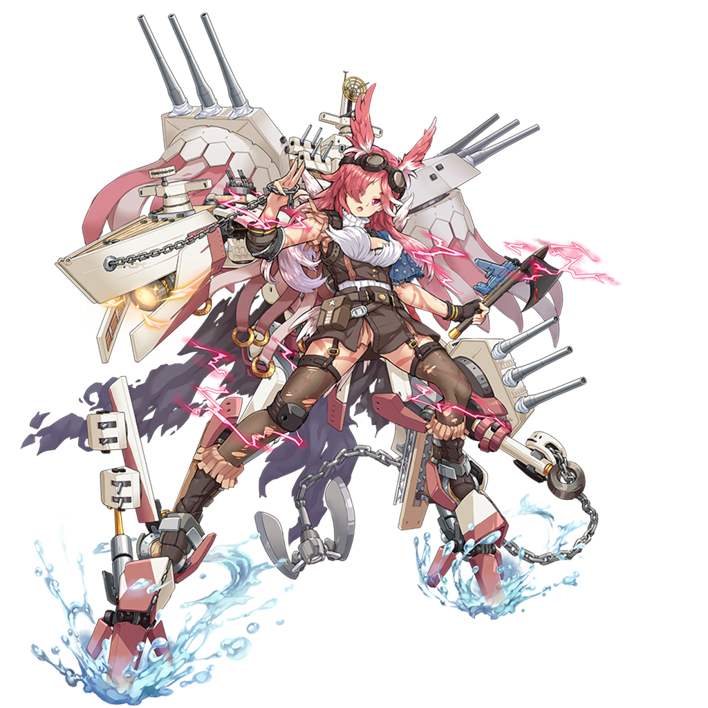 aircraft aircraft_catapult airplane anchor banner black_shirt blouse boots brown_thighhighs cannon cape chain elbow_sleeve full_body garter_straps goggles goggles_on_head hair_over_one_eye head_wings holding holding_chain holding_weapon knee_pads legs_apart mecha_musume north_carolina_(warship_girls_r) official_art pantyhose radar_dish range_finder red_eyes red_hair ship_turret shirt solo tagme tattoo thighhighs tomahawk torn_cape torn_clothes torn_legwear transparent_background warship_girls_r weapon white_hair wings