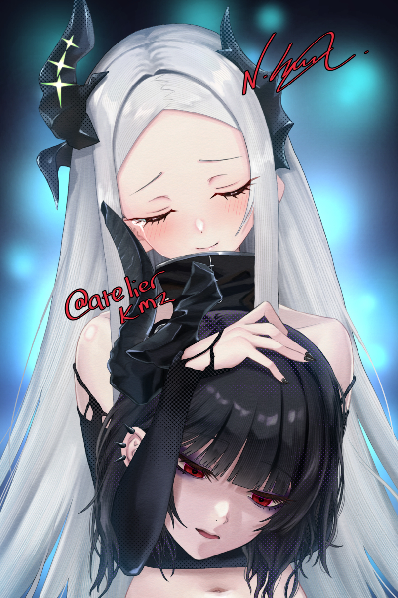 2girls atelier_kumaz behemoth_(nikke) black_horns black_liquid black_nails breasts forehead goddess_of_victory:_nikke green_eyes grey_hair highres horns leviathan_(nikke) liquid_clothes long_hair looking_at_viewer multiple_girls piercing pointy_ears pubic_tattoo small_breasts tattoo thighs very_long_hair