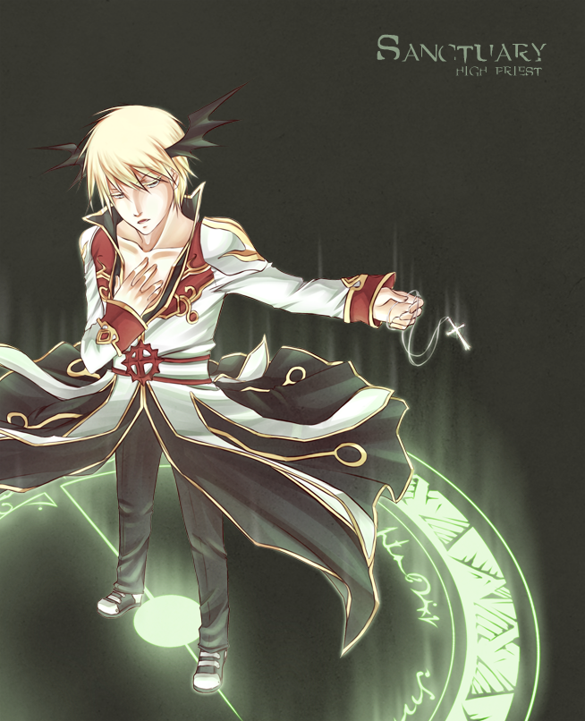 1boy bat_wings black_coat black_shoes black_wings blonde_hair blue_eyes character_name coat commentary cross cross_necklace english_commentary full_body gold_trim hand_on_own_chest head_wings high_priest_(ragnarok_online) holding holding_jewelry holding_necklace jewelry long_sleeves magic_circle male_focus multicolored_coat necklace open_mouth ragnarok_online red_coat shoes short_hair solo standing two-tone_coat white_coat wings zearyu