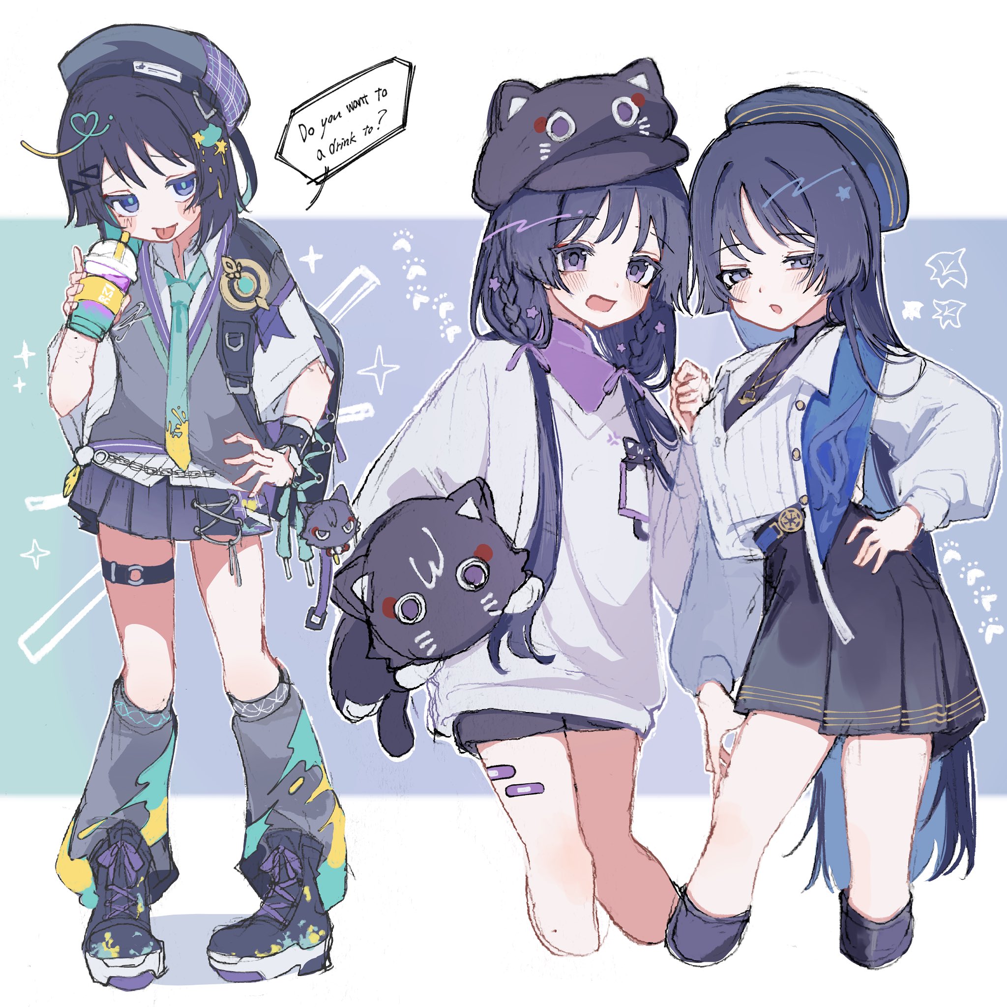 3girls alternate_costume animal_hat aqua_hair aqua_necktie arm_at_side bag bandaid bandaid_on_leg belt beret black_hair black_hat black_shorts black_skirt black_undershirt blue_belt blue_shawl blunt_ends blush braid bright_pupils cabbie_hat cardigan cat_hat chain coffee collared_shirt colored_inner_hair cup disposable_cup drawstring drinking_straw english_text engrish_text feathers flower genderswap genderswap_(mtf) genshin_impact gold gold_trim grey_cardigan grey_eyes grey_hat grey_socks hair_flower hair_ornament hair_over_shoulder hairclip hand_on_own_hip hat head_down highres holding holding_cup holding_stuffed_toy iced_coffee kingyo_(nyankomanjyuu15) long_hair long_sleeves looking_at_viewer loose_socks low_twintails multicolored_hair multiple_girls multiple_persona necktie o-ring o-ring_thigh_strap official_alternate_costume paint_splatter pigeon-toed pleated_skirt pom_pom_(clothes) purple_eyes purple_footwear purple_skirt purple_undershirt ranguage sanpaku scaramouche_(cat)_(genshin_impact) scaramouche_(genshin_impact) shawl shirt shoes short_sleeves shorts shoulder_bag side-by-side side_braid skirt sneakers socks standing star_(symbol) star_print stuffed_toy thigh_strap tongue tongue_out twin_braids twintails very_long_hair vision_(genshin_impact) wanderer_(fairy_tale_cat)_(genshin_impact) wanderer_(genshin_impact) wanderer_(mega_mgc_coffee)_(genshin_impact) wanderer_(wanderer_impression)_(genshin_impact) white_pupils white_shirt white_sleeves white_undershirt yellow_feathers