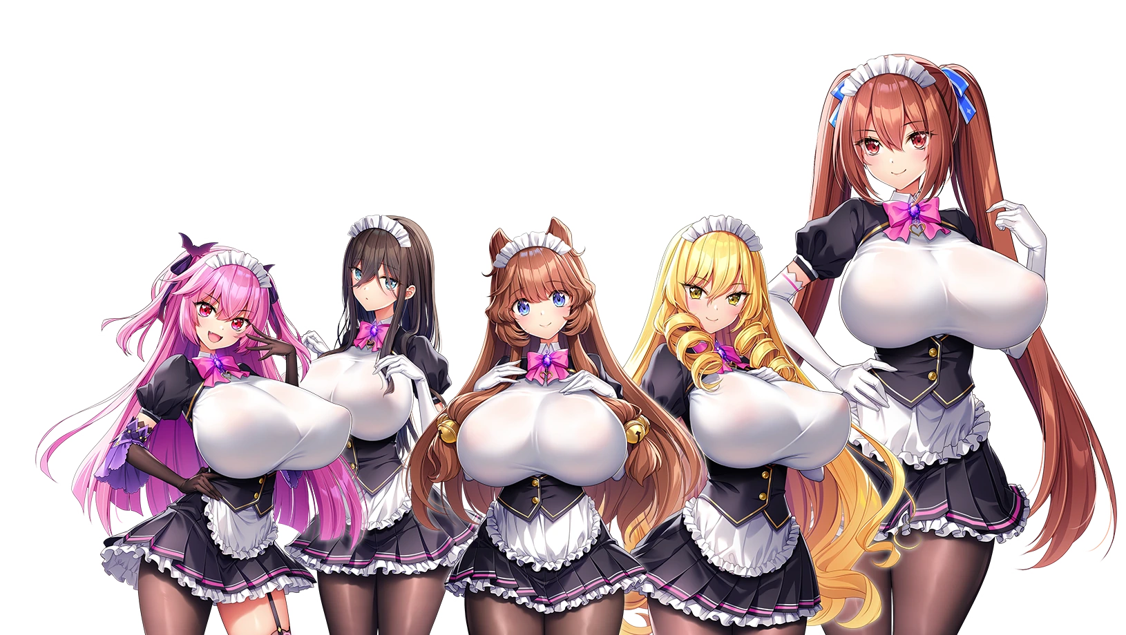 akagi_rio anastasia_mysterante apron breasts drill_hair eibel_haurisia highres huge_breasts lixual_hellmare long_hair maid maid_apron maid_headdress makina_le_blanchette milk_factory motto!_haramase!_honoo_no_oppai_isekai_oppai_maid_gakuen! myoudou_mei pantyhose transparent_background twintails