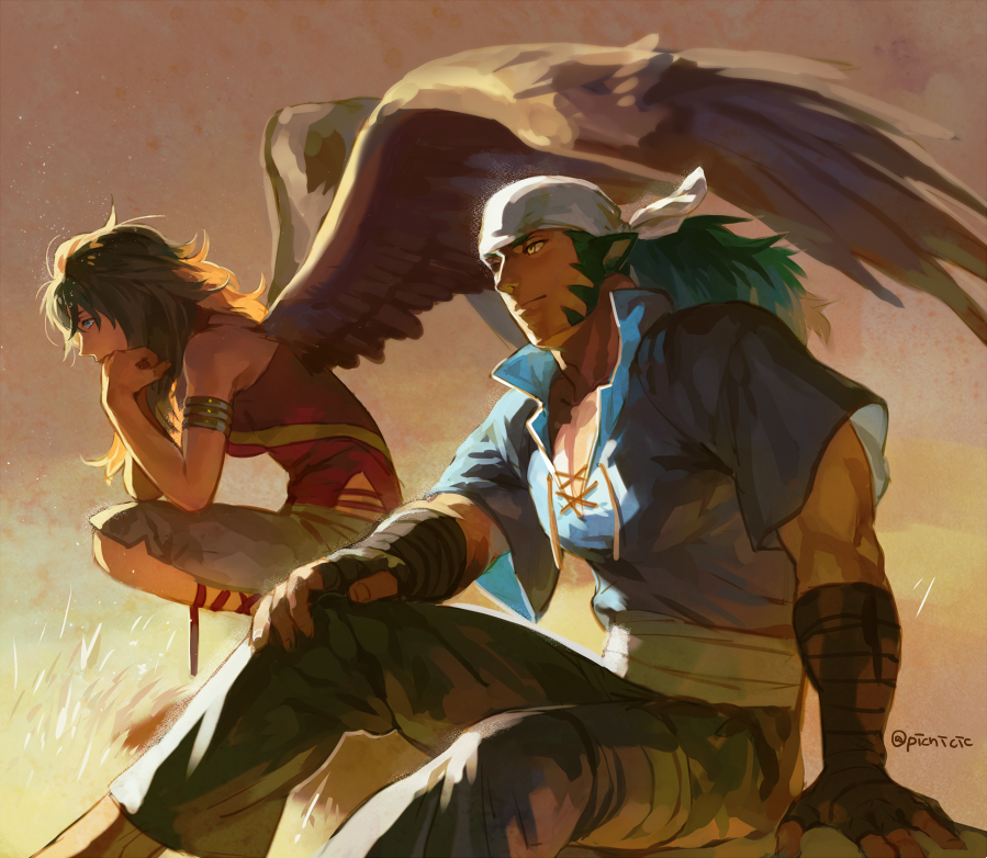 1boy 1girl animal_ears bandana black_hair blue_eyes cat_ears closed_mouth fire_emblem fire_emblem:_radiant_dawn green_hair long_hair looking_away muarim_(fire_emblem) muscular nintendo outdoors picnicic sitting sunset vika_(fire_emblem) wings