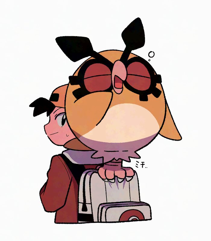 1boy alternate_color backpack bag bird black_eyes black_hair closed_mouth commentary_request ethan_(pokemon) gen_2_pokemon grey_bag hat hoothoot jacket male_focus nintendo pokemon pokemon_(creature) pokemon_gsc red_jacket shiny_pokemon short_hair simple_background smile squeans sweatdrop tyako_089 white_background yellow_hat