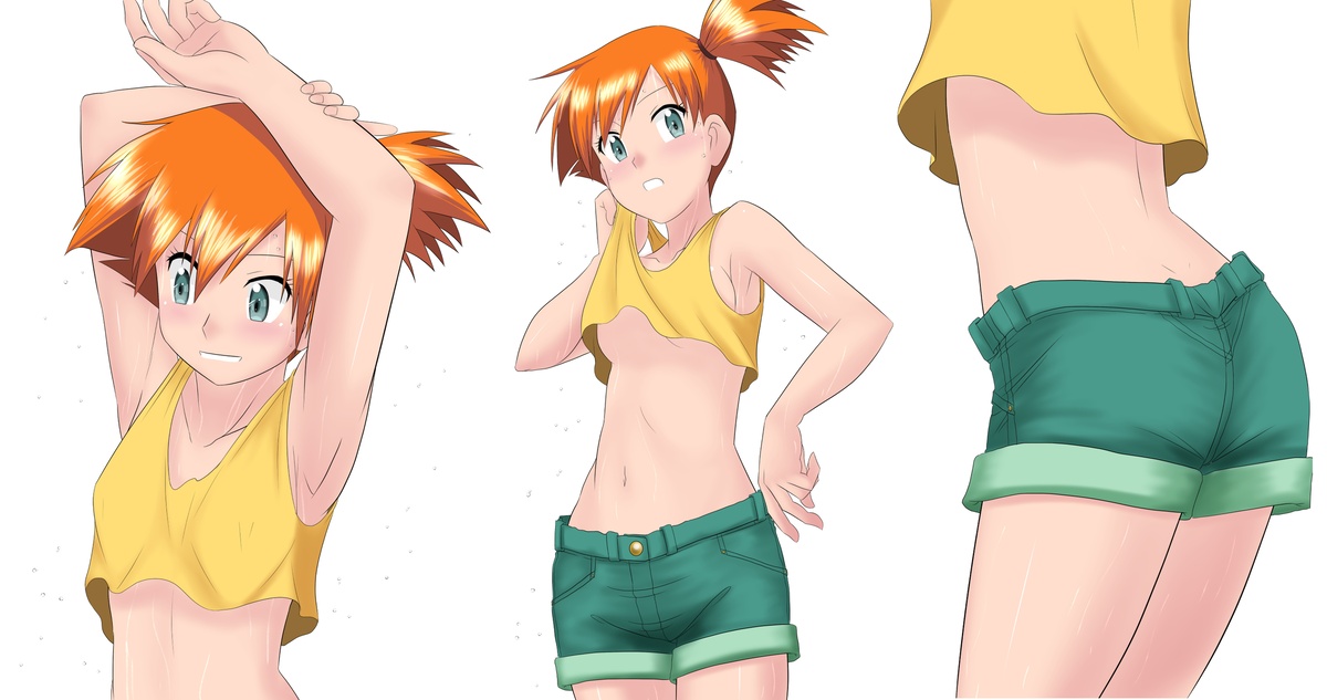 1girl armpits arms_up ass asymmetrical_hair blush breasts cowboy_shot denim denim_shorts gen_1_pokemon green_eyes green_shorts kakkii legs looking_at_another looking_at_viewer misty_(pokemon) multiple_views navel nintendo orange_hair pokemon pokemon_(anime) pokemon_(classic_anime) ponytail shirt short_shorts shorts side_ponytail smile sweat sweatdrop takaya_n tank_top thighs underboob upper_body yellow_shirt yellow_tank_top