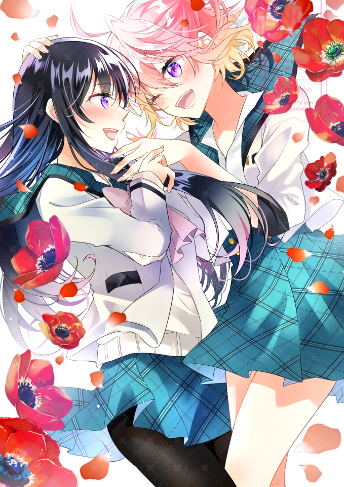 2girls anemone_(flower) anemone_wa_netsu_wo_obiru black_hair black_pantyhose blonde_hair blue_sailor_collar blue_skirt blush bow bowtie commentary_request falling_petals flower gradient_hair ishii_yuka komiyama_mashiro long_hair looking_at_another multicolored_hair multiple_girls one_eye_closed ootsuki_nagisa open_mouth pantyhose petals pink_bow pink_bowtie pink_hair plaid_clothes plaid_sailor_collar plaid_skirt purple_eyes red_flower sailor_collar shirt short_hair skirt smile white_background white_shirt yuri