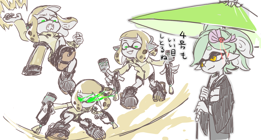 2girls agent_4_(splatoon) bike_shorts black_footwear black_kimono blonde_hair boots cephalopod_eyes cross-shaped_pupils dual_wielding earrings fangs green_eyes green_hair gun hair_ornament headphones hero_dualies_(splatoon) holding holding_gun holding_umbrella holding_weapon ink ink_tank_(splatoon) inkling jacket japanese_clothes jewelry jyanbodon kimono long_sleeves looking_at_another marie_(splatoon) mole mole_under_eye multiple_girls nintendo obi official_alternate_costume open_mouth parasol pointy_ears ponytail sash short_hair smile splatoon_(series) splatoon_2 squirrel_girl suction_cups symbol-shaped_pupils tentacle_hair umbrella weapon white_background wide_sleeves yellow_eyes yellow_jacket