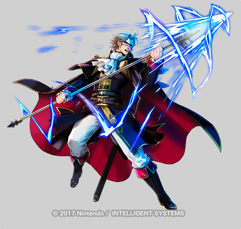 1boy belt blonde_hair boots camus_(fire_emblem) cape electricity epaulettes fire_emblem fire_emblem:_mystery_of_the_emblem fire_emblem:_new_mystery_of_the_emblem fire_emblem_heroes full_body grey_background male_focus mask nintendo official_art open_mouth partisan_(weapon) polearm solo spear sword teeth weapon