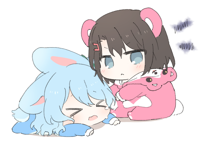 &gt;_&lt; 2girls animal_costume animal_ears bang_dream! bear_costume bear_ears bear_girl bear_tail black_hair blue_eyes blue_hair chibi chibi_only closed_mouth crying d: dx frown hair_ornament hairclip jitome kemonomimi_mode light_blue_hair long_hair looking_at_another lying matsubara_kanon michelle_(bang_dream!) multiple_girls okusawa_misaki on_stomach open_mouth opi rabbit_ears rabbit_girl rabbit_tail simple_background sitting swept_bangs tail tears v-shaped_eyebrows white_background