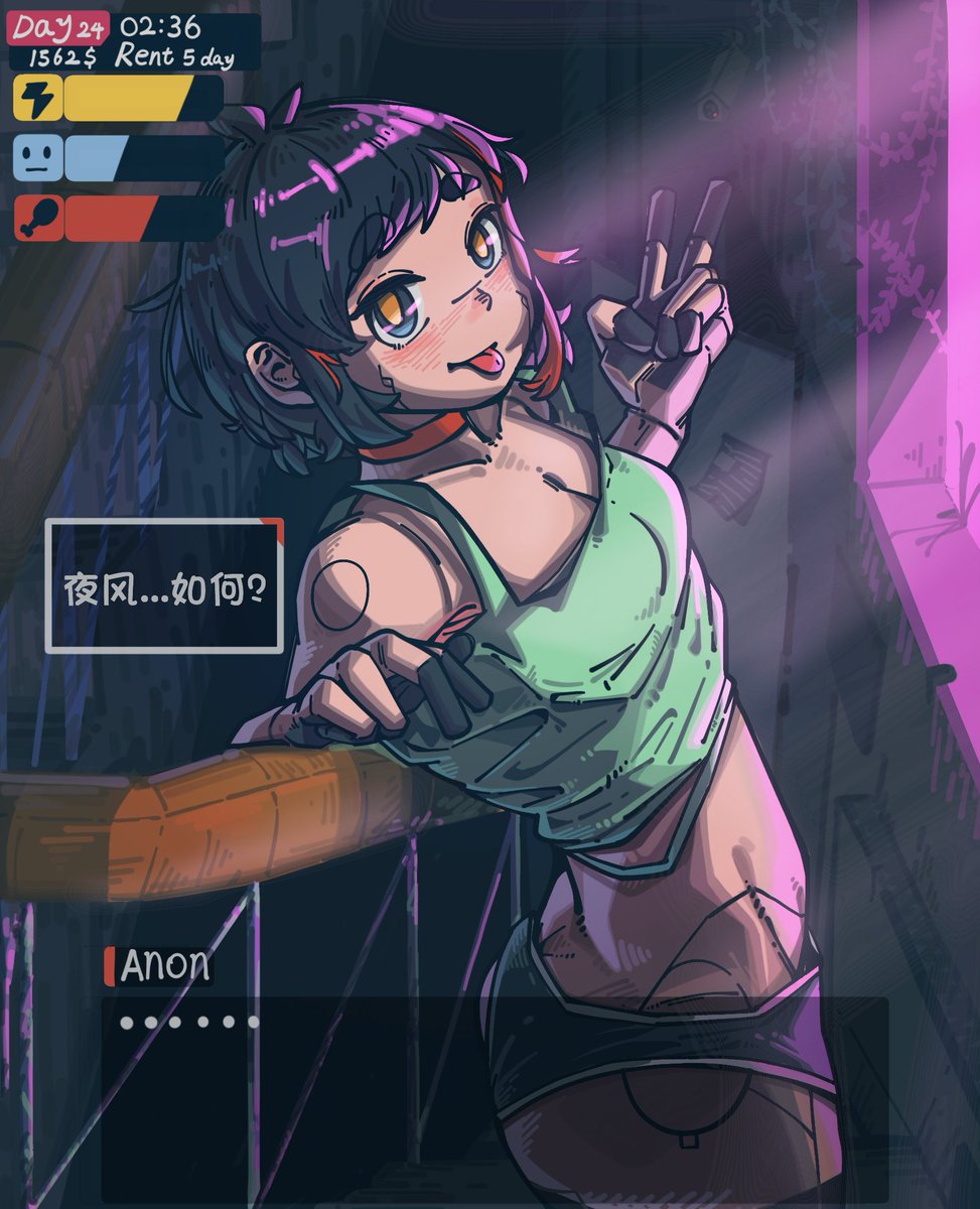 ... 1girl :p against_railing arched_back ass bare_shoulders black_eyes black_hair black_shorts blush breasts chinese_commentary chinese_text choker cleavage collarbone commentary_request dialogue_box from_side grey_tank_top highres joints jun_(my_dystopian_robot_girlfriend) leaning_back looking_at_viewer looking_to_the_side micro_shorts multicolored_hair my_dystopian_robot_girlfriend railing red_choker red_hair robot_girl robot_joints short_hair shorts small_breasts smile solo tank_top thick_eyebrows tongue tongue_out translation_request two-tone_hair user_interface v wanshiguai yellow_pupils