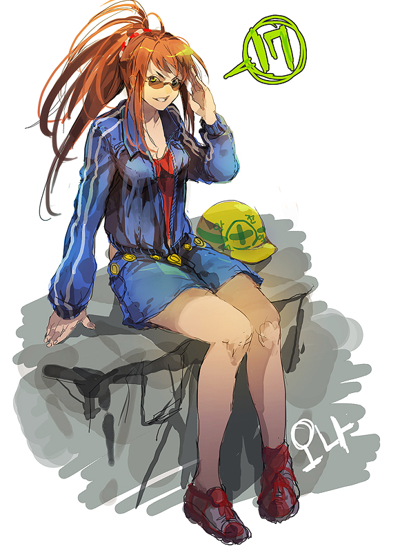 00s 1girl bad_id bad_pixiv_id denim denim_jacket denim_skirt female_focus full_body green_eyes helmet jacket long_hair my-hime naye ohna parted_lips ponytail red_hair shoes simple_background sitting skirt smile sneakers solo sugiura_midori sunglasses white_background