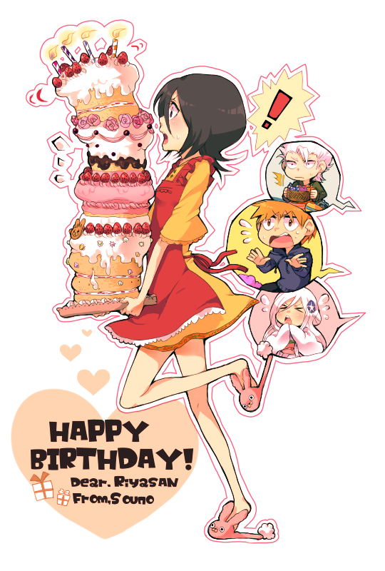 ! &gt;_&lt; 2boys 2girls animal_slippers apron bad_id bad_pixiv_id black_hair bleach bleach:_zanpakutou_ibun_hen bunny_slippers cake candle dress closed_eyes flying_sweatdrops food fruit gift happy_birthday heart hitsugaya_toushirou japanese_clothes kimono kuchiki_rukia kurosaki_ichigo long_hair multiple_boys multiple_girls open_mouth orange_hair personification profile slippers sode_no_shirayuki souno_kazuki speech_bubble spoken_face spoken_sweatdrop strawberry ^^^ sweatdrop white_hair