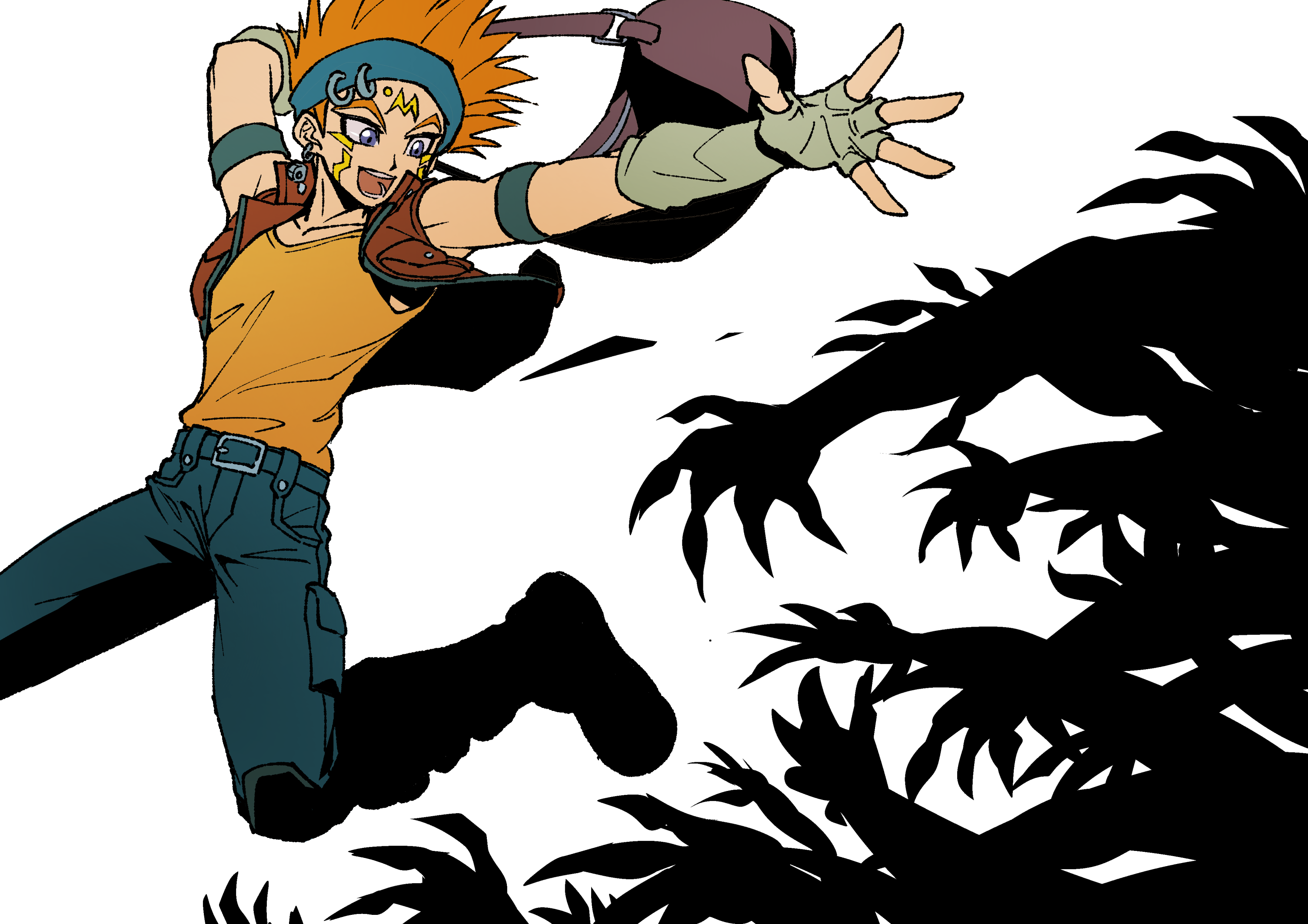 1boy armband bag belt black_belt black_pants blue_armband blue_eyes blue_headband crow_hogan earrings elbow_gloves facial_mark facial_tattoo fingerless_gloves fleeing floating_earring forehead_mark gloves headband highres holding holding_bag jacket jewelry jumping knee_pads looking_to_the_side male_focus marking_on_cheek messenger_bag monster nut_(hardware) open_mouth orange_hair orange_shirt pants reaching red_jacket running shirt shoulder_bag simple_background sleeveless sleeveless_jacket sleeveless_shirt smile solo_focus spiked_hair tattoo thick_eyebrows white_background youko-shima yu-gi-oh! yu-gi-oh!_5d's