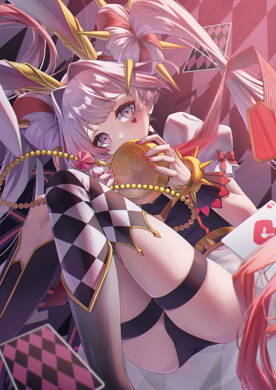 1girl animal_ears argyle_clothes argyle_thighhighs ass black_boots black_leotard boots card commentary_request covered_mouth duel_monster grey_hair hair_intakes highres holding knee_boots leotard long_hair looking_at_viewer maliss_&lt;p&gt;_white_rabbit multicolored_hair nail_polish playing_card puffy_short_sleeves puffy_sleeves purple_eyes purple_nails rabbit_ears red_hair shirt short_sleeves shun_no_shun single_thighhigh skirt solo spikes thigh_strap thighhighs thighhighs_under_boots twintails two-tone_hair very_long_hair white_skirt yu-gi-oh!