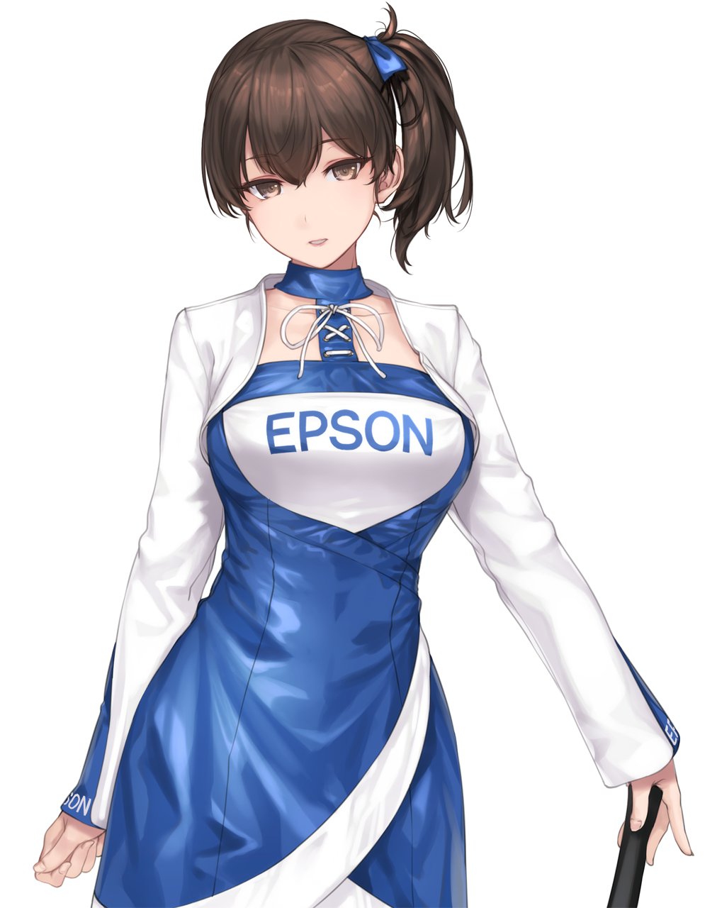 1girl alternate_costume bad_id bad_twitter_id blue_dress breasts brown_eyes brown_hair cowboy_shot dress epson hair_ribbon highres kaga_(kancolle) kantai_collection large_breasts long_hair long_sleeves race_queen ribbon rokuwata_tomoe side_ponytail simple_background white_background