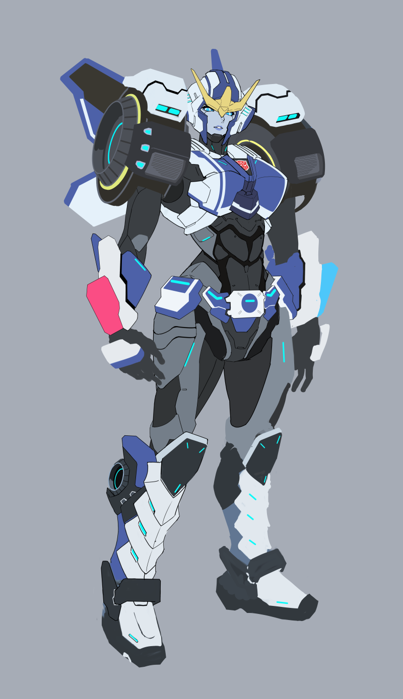 1girl autobot black_sclera blue_eyes breasts colored_sclera exocet_(exocet4) full_body grey_background highres large_breasts looking_at_viewer mecha mecha_focus open_hands parted_lips robot science_fiction solo standing strongarm_(transformers) transformers transformers:_robots_in_disguise_(2015) v-fin