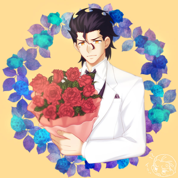 2boys anger_vein black_hair black_necktie bouquet chibi chibi_inset commentary_request diarmuid_ua_duibhne_(fate) diarmuid_ua_duibhne_(lancer)_(fate) fate/zero fate_(series) flower formal_clothes hisohiso_(altoblue) holding holding_bouquet jacket kayneth_el-melloi_archibald multiple_boys necktie orange_eyes red_flower red_rose rose solo_focus suit white_jacket white_suit