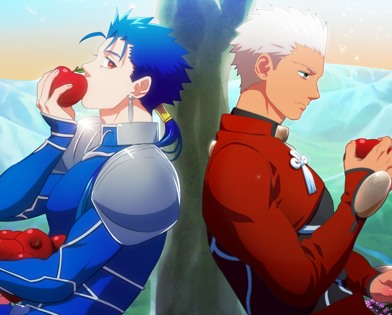 2boys apple archer_(fate) blue_hair cu_chulainn_(fate) cu_chulainn_(fate/stay_night) dark-skinned_male dark_skin fate/stay_night fate_(series) food fruit grey_eyes long_hair miso_(ddd_3so) multiple_boys ponytail red_eyes white_hair