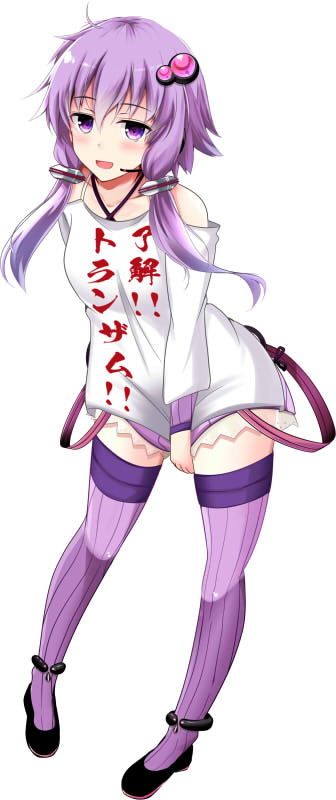 1girl anklet black_shoes breasts clothes_writing commentary_request full_body jewelry kiki_(koikuchikinako) low_twintails medium_breasts miniskirt purple_eyes purple_hair purple_skirt purple_thighhighs ribbed_thighhighs shirt shoes skirt solo suspenders_hanging thighhighs translation_request twintails voiceroid white_shirt yuzuki_yukari