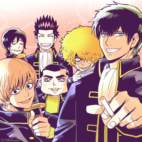 3mm 6+boys ^^^ afro ascot bad_id bad_pixiv_id black_hair blue_eyes brown_hair constricted_pupils evil_grin evil_smile eyebrows closed_eyes facial_hair gintama goatee grin hair_over_one_eye hijikata_toushirou kondou_isao male_focus multiple_boys okita_sougo shimaru_saitou shinsengumi_(gintama) smile sparkle sweatdrop tetsunosuke_sasaki thick_eyebrows uniform upper_body yamazaki_sagaru