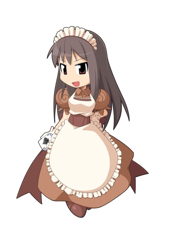 1girl ace_(playing_card) ace_of_spades apron breasts brown_dress brown_eyes brown_sash card chibi chibi_only collared_dress comodo_casino dress frilled_apron frills full_body gloves grey_hair holding holding_card jasmine_(ragnarok_online) kafra_uniform long_hair looking_at_viewer maid maid_headdress medium_breasts official_art playing_card puffy_short_sleeves puffy_sleeves ragnarok_online short_sleeves simple_background smile solo spade_(shape) standing third-party_source white_apron white_background white_gloves yuichirou