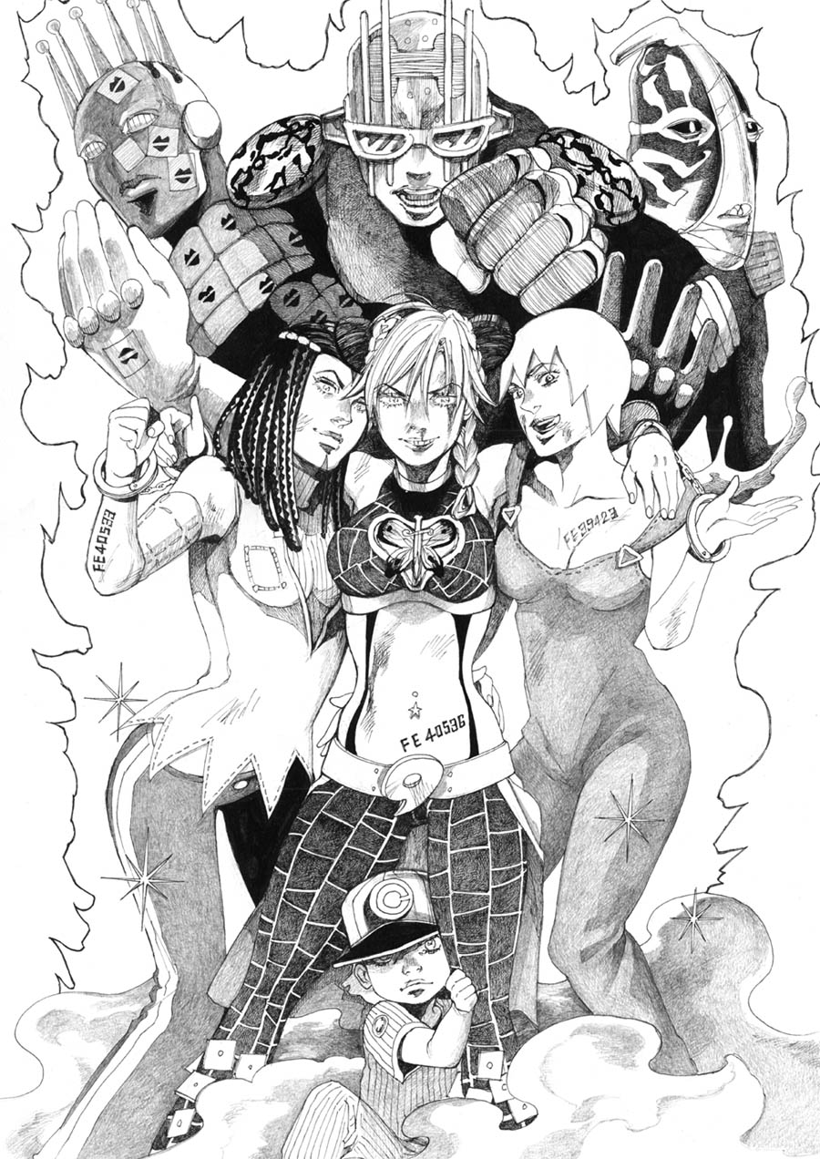 1boy 3girls arm_around_neck armband aura bare_shoulders baseball_cap baseball_uniform belt bleeding blood braid breasts bud_(korovsme) child cleavage clenched_hand cuffs double_bun dreadlocks emporio_alnino ermes_costello foo_fighters_(jojo) foo_fighters_(stand) graphite_(medium) greyscale hair_bun handcuffs hat highres injury jojo_no_kimyou_na_bouken kiss_(stand) kuujou_jolyne medium_breasts midriff millipen_(medium) monochrome multiple_girls navel navel_piercing overalls pen_(medium) piercing short_hair smile smoke sportswear stand_(jojo) stone_free stone_ocean sunglasses traditional_media
