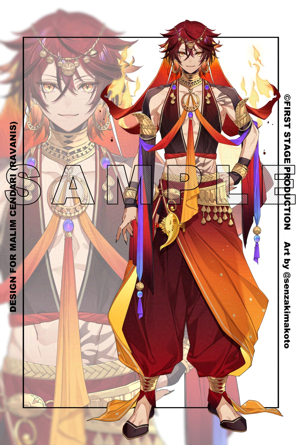1boy :3 arabian_clothes arm_at_side arm_warmers armlet armpit_cutout bangle black_nails black_shoes black_sleeves bracelet burning_clothes character_name clothing_cutout colored_inner_hair commentary copyright_name copyright_notice earrings english_commentary fingernails fire first_stage_production flats full_body gem gold_belt gold_collar hair_between_eyes hand_on_own_hip harem_pants head_chain highres hoop_earrings jewelry looking_at_viewer male_focus malim_cendari midriff multicolored_hair official_art oil_lamp orange_eyes orange_hair orange_ribbon pants pendant plunging_neckline purple_gemstone purple_ribbon red_hair red_pants red_shirt red_veil ribbon sample_watermark senzaki_makoto sharp_fingernails shirt shoes short_hair shoulder_tattoo shrug_(clothing) sleeveless sleeveless_shirt solo standing stomach_tattoo straight-on tattoo toned toned_male twitter_username two-sided_ribbon veil virtual_youtuber waist_cape watermark white_background zoom_layer