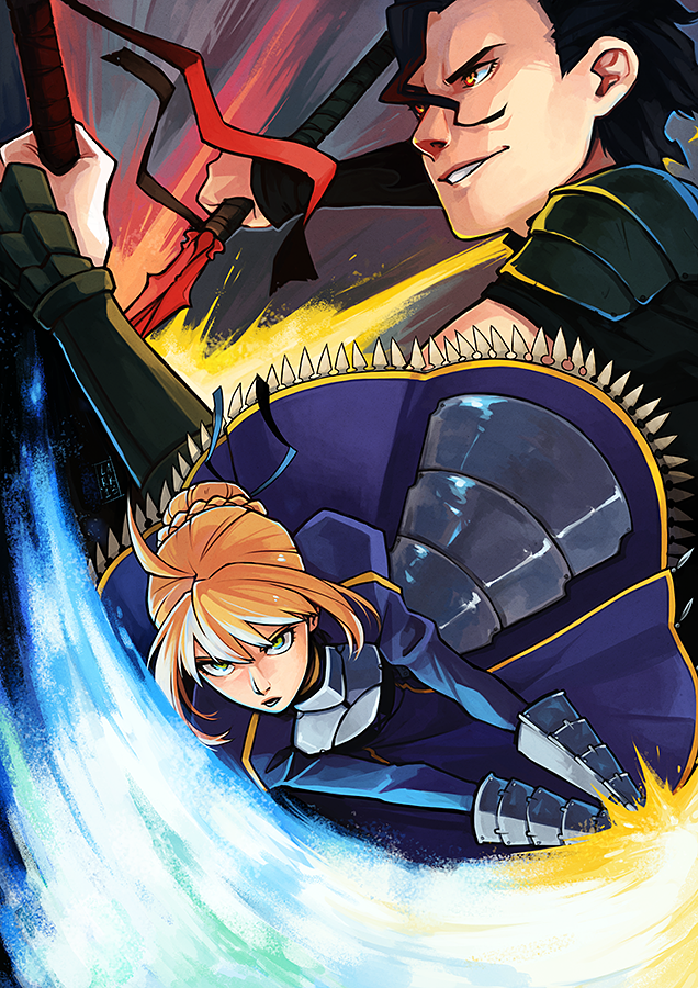 1boy 1girl ahoge artoria_pendragon_(fate) black_hair blonde_hair blue_dress braid diarmuid_ua_duibhne_(fate) diarmuid_ua_duibhne_(lancer)_(fate) dress fate/zero fate_(series) gauntlets green_eyes hair_between_eyes hair_bun holding holding_polearm holding_weapon juliet_sleeves long_sleeves mintlark parted_lips polearm puffy_sleeves short_hair swinging_weapon weapon yellow_eyes